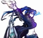  black_rock_shooter_(character) blue_eyes blue_hair chain drpow glowing glowing_eye glowing_eyes jacket long_hair looking_back motion_blur outstretched_arm outstretched_hand pointing scar shorts simple_background solo stitches twintails 