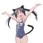  animal_ears armpits arms_up bad_id black_hair cat_ears cat_tail closed_eyes fang flat_chest francesca_lucchini happy long_hair mofu name_tag one-piece_swimsuit outstretched_arms school_swimsuit smile strike_witches swimsuit tail thigh_gap twintails 