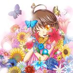  butterfly colorful flower katou_kouki original rororo short_hair smile solo sunflower wink yellow_eyes 
