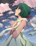  cloud clouds dress green_hair hands_on_chest hands_on_own_chest looking_up macross macross_frontier ranka_lee red_eyes scarf short_hair sky smile solo 