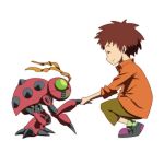  casual closed_eyes digimon digimon_adventure hajime_(hajime-ill-1st) handshake insect izumi_koushirou squatting tentomon transparent_background 