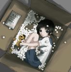  blush box cardboard_box doll girl_in_a_box grey_eyes in_box in_container kaga_ai long_hair packing_foam ponytail sanosuke sayonara_zetsubou_sensei school_uniform serafuku socks solo styrofoam vader_(n.r.t.a.) 