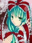  face frills front_ponytail green_eyes green_hair hair_ribbon kagiyama_hina ribbon smile solo tbdfactory touhou 