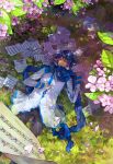  bad_id biiji blue_hair closed_eyes flower from_above kaito lying male on_back petals scarf sheet_music sleeping smile solo vocaloid 