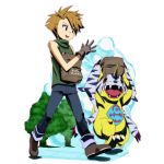  blue_eyes brown_hair casual digimon digimon_adventure gabumon gloves hajime_(hajime-ill-1st) ishida_yamato jeans male paper_bag transparent_background 