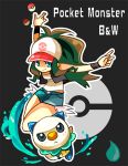  1girl baseball_cap blue_eyes brown_hair denim denim_shorts hat mocomocopanpan oshawott pokemon pokemon_(creature) pokemon_(game) pokemon_black_and_white pokemon_bw ponytail shorts touko_(pokemon) water 