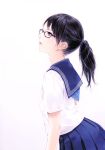  black_hair glasses highres kishida_mel lips original pleated_skirt ponytail profile school_uniform simple_background skirt 