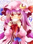  crescent crescent_moon dress drinking hair_ornament hair_ribbon hat long_hair moon patchouli_knowledge purple_hair red_eyes ribbon simple_background stare teacup touhou zawameki 