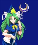  bow breasts crescent_moon green_eyes green_hair hat long_hair mima moon parody ribbon simple_background smile solo staff style_parody touhou wizard_hat 