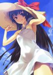  black_hair brown_eyes dress from_below halterneck hand_on_hat hands hat long_hair looking_at_viewer looking_down original shimotsuki_eight smile solo sun_hat sundress white_dress 