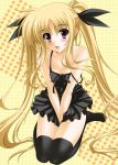  blush breasts cleavage dress fate_testarossa highres kneeling long_hair mahou_shoujo_lyrical_nanoha mahou_shoujo_lyrical_nanoha_a's oda_ken'ichi oda_kenichi open_mouth red_eyes ribbon solo thigh-highs thighhighs twintails 
