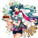  bracelet cake candle food fruit hatsune_miku highres jewelry jeya long_hair nail_polish necklace open_mouth scarf strawberry twintails very_long_hair vocaloid 