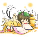  2girls :3 animal_ears blonde_hair brown_hair cat_ears cat_tail chen chibi closed_eyes earrings fang fox_tail hat jewelry multiple_girls multiple_tails o_o on_stomach surprised tail touhou translation_request viva!! yakumo_ran 