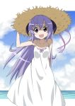  hanyuu hat higurashi_no_naku_koro_ni horns long_hair mana_(gakuburu) purple_eyes purple_hair straw_hat sundress violet_eyes white_dress 