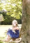  blonde_hair dress floral_print highres kishida_mel original sandals sitting smile tree 