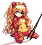  big_head blue_eyes chibi evangelion:_2.0_you_can_(not)_advance eyepatch lance_of_longinus neon_genesis_evangelion nikerabi orange_hair plugsuit polearm rebuild_of_evangelion shikinami_asuka_langley simple_background solo souryuu_asuka_langley spear test_plugsuit weapon 