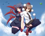  artist_request asymmetrical_wings black_hair black_legwear black_thighhighs brown_hair dress geta hat houjuu_nue multiple_girls nakaya red_eyes shameimaru_aya short_hair tengu-geta thigh-highs thighhighs tokin_hat touhou wings 