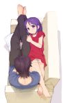  barefoot casual couch family father_and_daughter feet higebu highres inazuma_eleven kudou_fuyuka kudou_michiya long_hair lying purple_hair relaxing shorts sketch 