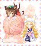  animal_ears blonde_hair brown_eyes brown_hair cat_ears cat_tail chen earrings fox_tail hat jewelry knitting mauve multiple_girls multiple_tails oversized_object short_hair sitting tail touhou yakumo_ran yarn 
