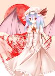  blush dress fang hat highres necktie open_mouth red_eyes remilia_scarlet rivelta short_hair solo touhou wings 