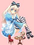  alice_in_wonderland apron blonde_hair blue_eyes book bow butter_knife card cards carnelian chair cup dress flower giantess hair_bow lace lying_card pie plate playing_card playing_cards pocket_watch simple_background sitting striped striped_legwear striped_thighhighs table tea teacup teapot thigh-highs thighhighs vase watch 