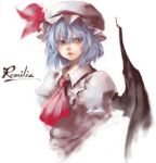  bat_wings bust character_name face hat himazin jpeg_artifacts lavender_hair lowres portrait remilia_scarlet sachito short_hair simple_background solo touhou wings 