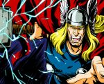  azuki_osamitsu blonde_hair cape electricity hammer helmet long_hair male manly marvel open_mouth solo thor_(marvel) weapon 