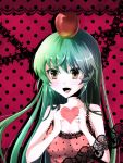  alternate_costume alternate_hairstyle apple bad_id bare_shoulders breasts brown_eyes camisole cleavage fangs food fruit green_hair hatsune_miku heart heart_hands highres lace long_hair on_head romeo_to_cinderella_(vocaloid) solo vocaloid yamineko 