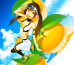  bird bracelet brown_hair food fruit goggles goggles_on_head jewelry midriff namito orange orange_eyes original salute smile solo thigh-highs thighhighs twintails 