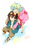  1boy 1girl back_hug blue_hair couple duplicate from_above goggles goggles_on_head hoodie hug hug_from_behind moyuchi multicolored_hair nia_teppelin open_clothes open_jacket simon tengen_toppa_gurren_lagann two-tone_hair young 