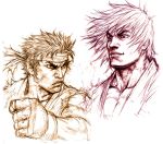  capcom clenched_hand dougi faux_traditional_media fist headband ken_masters male manly monochrome multiple_boys muscle ryuu_(street_fighter) serious sketch smile street_fighter yasu001 