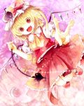  blonde_hair bow fang flandre_scarlet happy hat hat_ribbon ichitaro laevatein open_mouth red_eyes red_skirt ribbon short_hair skirt solo touhou v vest wings 