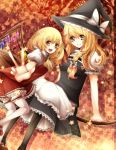  blonde_hair blush bow braid broom dress flandre_scarlet frilled_thighhighs frills hair_bow hat kirisame_marisa lion_nicole long_hair mary_janes multiple_girls open_mouth pantyhose ponytail shoes side_ponytail skirt smile star thighhighs touhou v white_legwear witch_hat yellow_eyes 