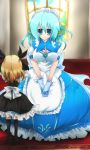  black_dress blonde_hair blue_dress blue_eyes blue_hair breasts cleavage dress frills gloves gust hair_ornament liliane_vehlendorf long_hair maid mana_khemia mana_khemia_2 multiple_girls ribbon skirt standing tomcho v_arms window wuim young 