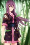  bamboo bamboo_forest forest hair_ornament hairclip japanese_clothes katana long_hair nature original p_(zzaazz) purple_hair solo sword weapon yellow_eyes 