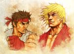  blonde_hair brown_hair capcom clenched_hand dougi faux_traditional_media fist headband ken_masters male manly multiple_boys muscle ryuu_(street_fighter) serious smile street_fighter yasu001 