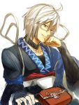  ahoge bag chin_rest choker face glasses japanese_clothes male morichika_rinnosuke pouch shirabi_(life-is-free) silver_hair smile solo touhou yellow_eyes 