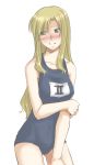  blonde_hair blush due face green_eyes mahou_shoujo_lyrical_nanoha mahou_shoujo_lyrical_nanoha_strikers name_tag numbers_(nanoha) one-piece_swimsuit oyamada_masaki school_swimsuit swimsuit 