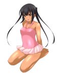  1girl black_hair brown_eyes casual_one-piece_swimsuit fang hevn highres k-on! kneeling long_hair nakano_azusa one-piece_swimsuit open_mouth sitting skirt solo swimsuit tan twintails wariza 