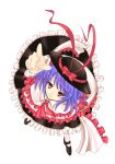 frills from_above hat looking_up nagae_iku pointing purple_hair red_eyes saturday_night_fever short_hair skirt smile solo tbdfactory touhou