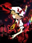  blonde_hair bow dress fangs flandre_scarlet hat highres profile red_eyes side_ponytail solo touhou wings yamineko 