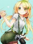  ass blonde_hair camera food_themed_clothes green_eyes hair_ornament hair_over_one_eye holding_hands kuromaru9 long_hair original shorts slr smile solo suspenders twintails 