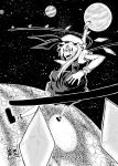  flandre_scarlet foreshortening hat highres karu_(ishiken) monochrome sharp_teeth side_ponytail space touhou wings wink 