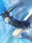  black_hair cat_ears k-on! nakano_azusa rooftop school_uniform sitting solo sora_(sorahaao) twintails wind 
