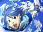  blue_hair cloud clouds falling foreshortening kaito open_mouth perspective scarf short_hair sky smile vocaloid 