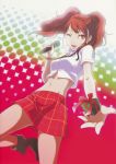  boots brown_eyes crop_top earrings gift highres jewelry kujikawa_rise long_hair microphone midriff navel official_art open_mouth persona persona_4 red_hair redhead skirt smile soejima_shigenori solo twintails wink 