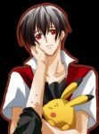  2boys anger_vein angry biting black_hair closed_eyes fang hand_on_cheek male multiple_boys no_hat ookido_green pikachu pokemon pokemon_(creature) pokemon_(game) popped_collar red_(pokemon) red_eyes short_hair simple_background smile sweatdrop vest 