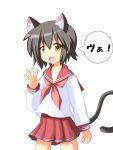  animal_ears black_hair brown_eyes cat_ears cat_tail fang highres kusakabe_misao lucky_star mai_(t-5) mai_t-5 school_uniform serafuku short_hair tail va waving 