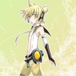   blonde_hair blue_eyes cosplay miku_append hatsune_miku_(append)_(cosplay) headset kagamine_len lowres midriff navel open_clothes open_shirt vocaloid  