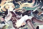  ahoge blonde_hair boots camera city cityscape dress eiffel_tower falling gloves h2so4 hair_ornament hairclip highres jacket long_hair night open_mouth original scan skirt solo thigh-highs thighhighs twintails very_long_hair white_legwear white_thighhighs yellow_eyes 